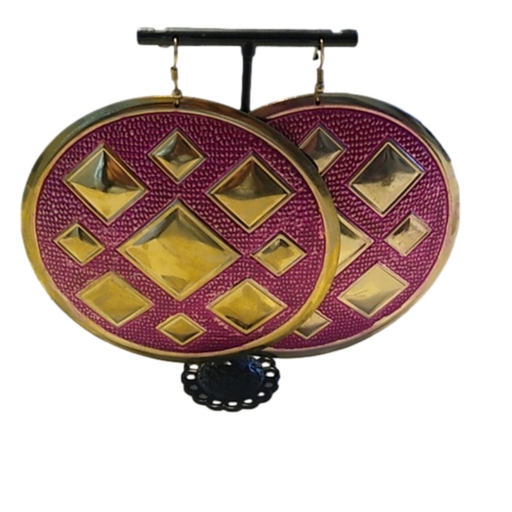 Gold + Fuchsia Large Round Earrings, 4" - Picture 1 of 8